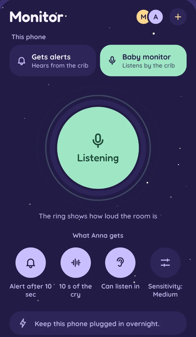 hush on the baby's phone, listening for crying